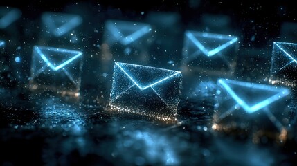 Glowing mail icons arranged on surface, dark, shimmering background. For web.