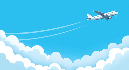 White plane in the blue sky flying above the clouds. Vector background template for web page header
