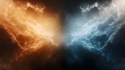 Fototapeta premium Futuristic cosmic wallpaper depicting the dramatic battle of good versus evil with symbolic elements of fire and ice light and darkness