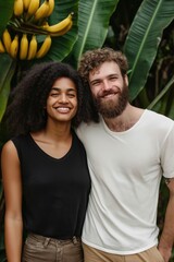 Fototapeta premium A man and a woman are smiling and posing for a picture. The man has a beard and the woman has curly hair