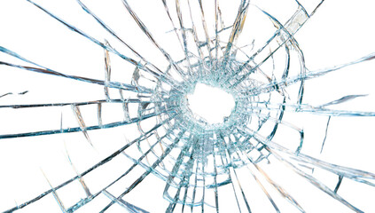 Shattered glass displays a circular break surrounded by sharp, jagged edges. The transparent fragments create a striking pattern, emphasizing the damage and depth of the fracture. PNG