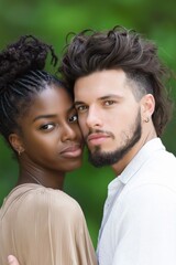 Fototapeta premium A man and a woman are posing for a picture. The man has a beard and the woman has braids. Scene is friendly and affectionate