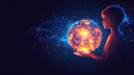 Person holds glowing network sphere against dark background. Tech use.