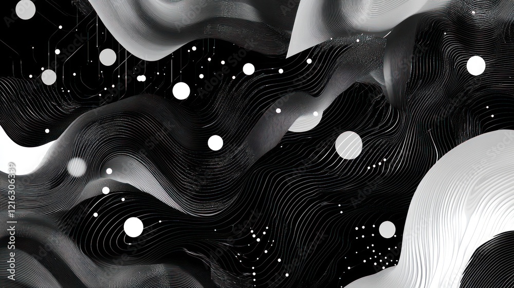 Poster binary data intertwined with geometric, futuristic patterns.