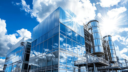 Fototapeta premium Modern industrial facility with reflective glass and backup power systems, showcasing bright sky and clouds