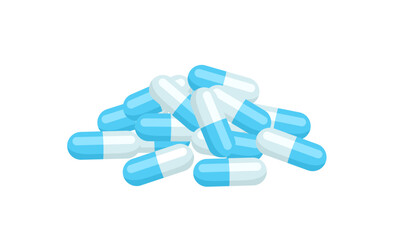 Heap of antibiotics blue capsules isolated on white background. Vector cartoon flat illustration. Pills icon.
