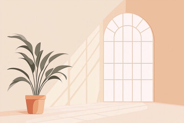 Minimalist Interior Design Illustration of a Room with Arched Window and Potted Plant