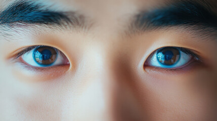 Fototapeta premium Extreme close up shot of male Asian eyes, showcasing symmetry and detail. reflection in eyes adds depth and intrigue, highlighting beauty of human features