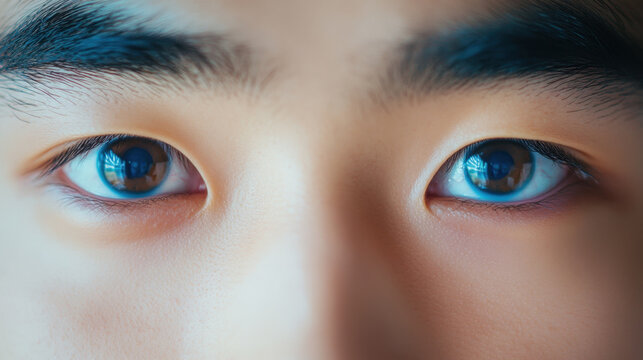 Extreme close up shot of male Asian eyes, showcasing symmetry and detail. reflection in eyes adds depth and intrigue, highlighting beauty of human features