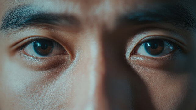 Extreme close up shot of male Asian eyes, showcasing symmetry and detail. image captures depth and emotion reflected in eyes, highlighting their unique features