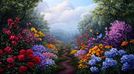 Fototapeta premium A vibrant path strewn with colorful flowers winds towards majestic mistshrouded mountains