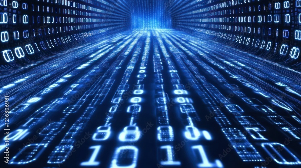 Poster blue binary background showcasing dynamic technological flow.