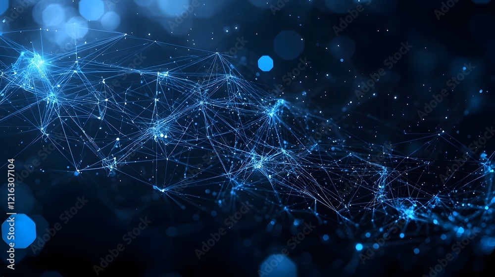Poster Complex Intelligence System with Glowing Neural Network of Blue Lights and Intricate Connections Symbolizing Data Processing and Machine Learning in a Modern Futuristic Technology Background