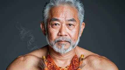 Obraz premium Elderly Bearded Man with Traditional Necklace and Serious Expression Against Dark Background