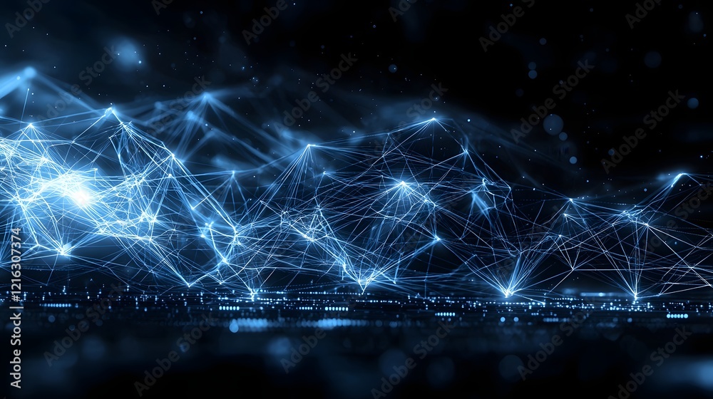 Aufkleber Illuminated Abstract Visualization of a Digital Network with Dynamic Blue Connections and Data Flow on a Futuristic Dark Background  Conceptual High Tech Scientific Graphic Design