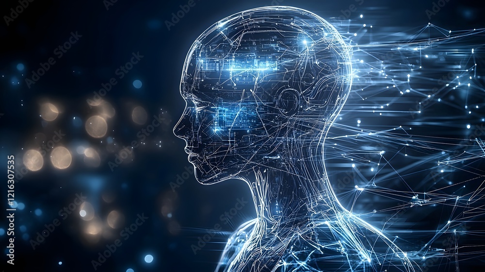 Poster Futuristic digital silhouette of advanced intelligence technology with glowing circuits and neural connections representing innovation and cutting edge computing background in a high tech