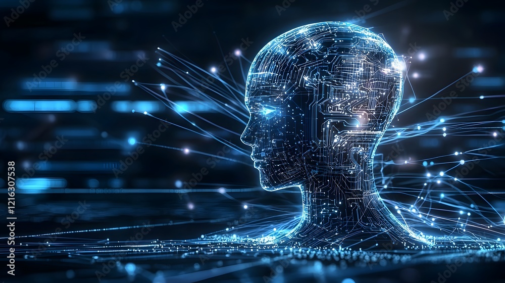 Poster Futuristic Digital Silhouette of Intelligence Technology with Glowing Circuits and Neural Connections Representing Innovation and Advanced Computing Background High Tech