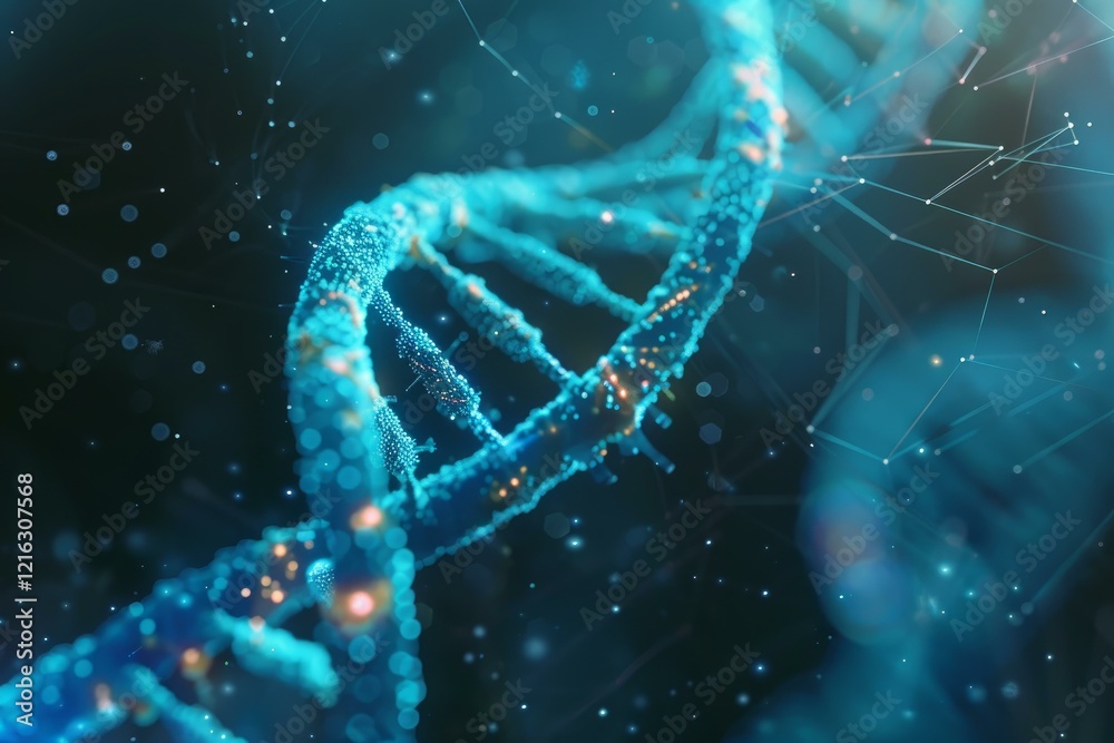 Wall mural futuristic rotating dna double helix glowing in abstract particles and network connections