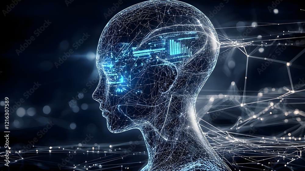 Poster Futuristic Silhouette with Glowing Digital Interface Highlighting Machine Learning Big Data Analytics and Neural Networks on a Dark Cyberpunk Inspired Background
