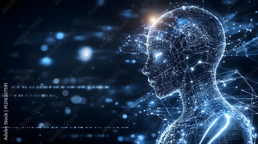 Poster Abstract futuristic silhouette with a glowing digital interface highlighting machine learning big data and neural networks on a dark modern background