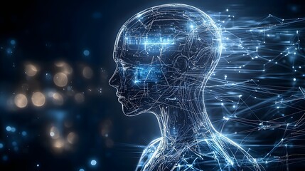Futuristic digital silhouette of advanced intelligence technology with glowing circuits and neural connections representing innovation and cutting edge computing background in a high tech