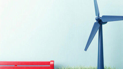 vibrant red bench beside blue wind turbine on green grass, symbolizing eco friendliness and sustainability