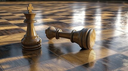 A chessboard with a toppled king piece, symbolizing defeat in strategy and competition.