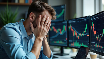 Frustrated trader hides face in hands. Charts on multiple computer screens show investment losses. Investment failure leads to financial loss. Investment strategy went wrong. Analysis poor decisions.