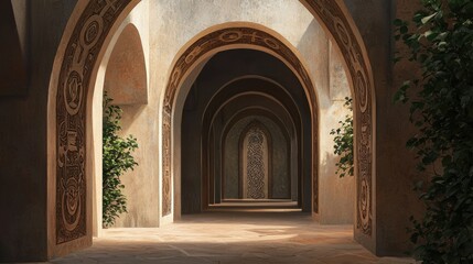 Obraz premium Sunlit Stone Archway Corridor with Intricate Carvings