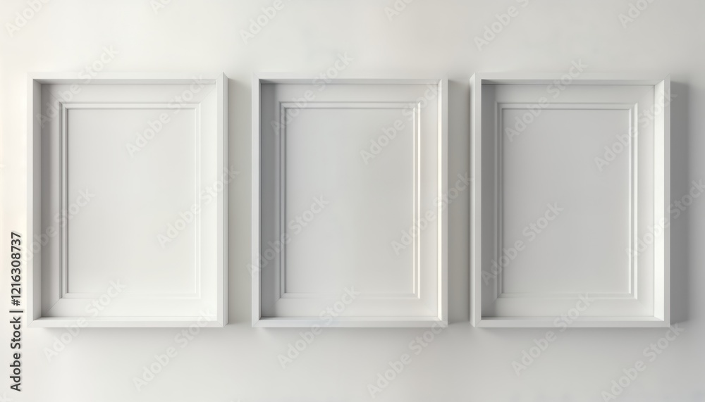Poster Three white picture frames hang on light background wall. Simple clean design. Modern minimalist style. Empty frames ready for photos art. Interior design concept. Empty display space. Suitable for