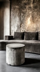 Fototapeta premium A modern, minimalist living space featuring a plush sofa and a cylindrical concrete table against a textured, weathered wall.