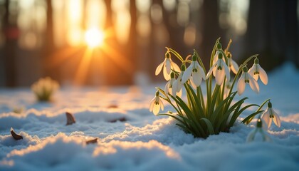 Snowdrops bloom in snowy spring forest. Warm sunset light shines through snow. Spring flowers appear from snow in nature. Early spring scene. Fresh growth of plants. Dawn sunset time. Peaceful,