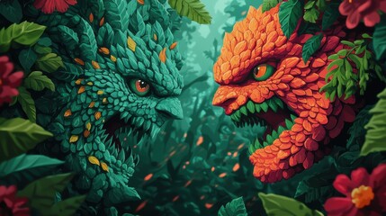 Fototapeta premium Ancient Forest Guardians Clash A Majestic Confrontation of Mythical Beasts