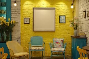 Fototapeta premium Vibrant Yellow Brick Wall Interior Design with Teal Accents and Floral Arrangements