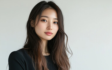 Fototapeta premium Fresh Asian woman with smooth, fluffy, and shiny hair, showcasing natural beauty and elegance. soft lighting enhances her features, creating serene atmosphere