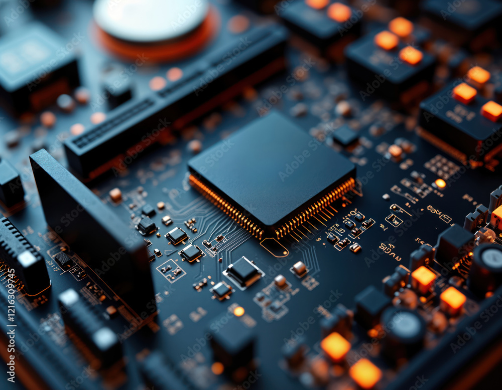 Poster Close-up view of computer motherboard. Complex circuitry, components clearly visible. Modern tech with sophisticated details. High-tech design features black motherboard. Intricate electronic