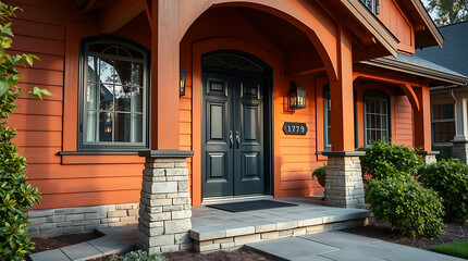 Naklejka premium Orange House Exterior, Brick and Stone Details, Modern Home Design