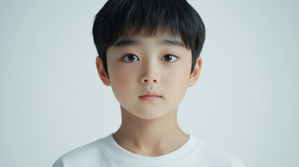 front view of average Korean boy aged 8 10 with neutral expression, wearing plain white shirt. soft lighting highlights his features, creating calm atmosphere