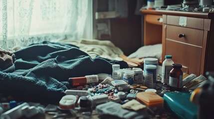 A cluttered living space with scattered medicines and blankets, showing the effects of prolonged illness.