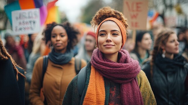 Diverse group of women holding empowering signs at a peaceful march, strength and unity theme 