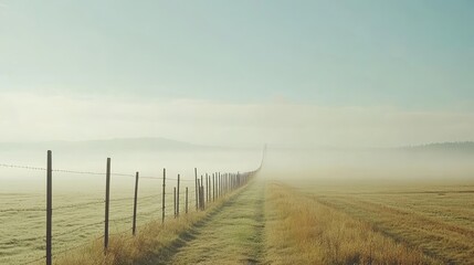 Obraz premium An electric fence stretching into the distance, partially covered by morning fog.
