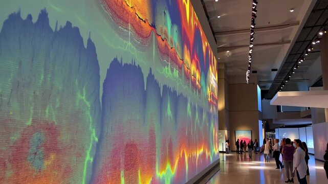 Vibrant visual display at art exhibit showcasing dynamic patterns and colors