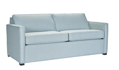 A sofa in a minimalist design with wooden legs + clipping path. The sofa is isolated on a White background.