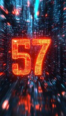 Obraz premium Luminous Digital Number 57 in a Futuristic Style on Abstract Background, Technology Concept
