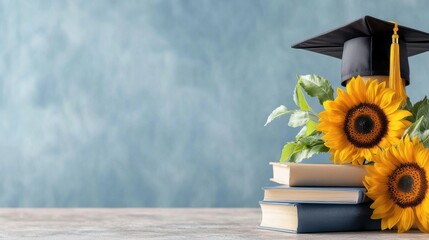 A vibrant display of graduation elements, including a black mortarboard perched atop stacked books, complemented by cheerful sunflowers against a soft blue backdrop.