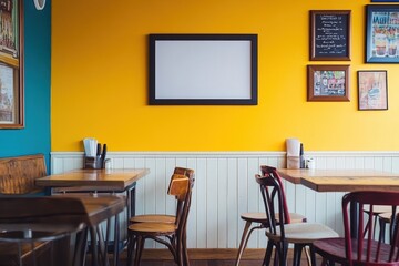 Vibrant Yellow Walls and Wooden Tables in a Cafe Interior Design