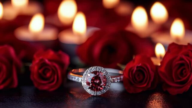 Romantic red ruby ring on dark background with red roses and candles.
