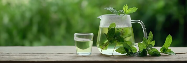 A pitcher of green tea with mint leaves and a glass of tea on a wooden table. Concept of relaxation and calmness, as the tea is a popular beverage known for its soothing properties