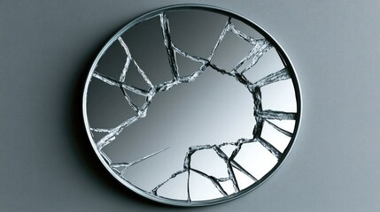 A circular mirror with cracks radiating from the center, displayed against a neutral background.