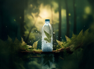 A plastic water bottle rests on a forest floor, surrounded by lush greenery and ice.  Sunlight filters through the trees, highlighting the contrast between nature and plastic.  The scene evokes themes